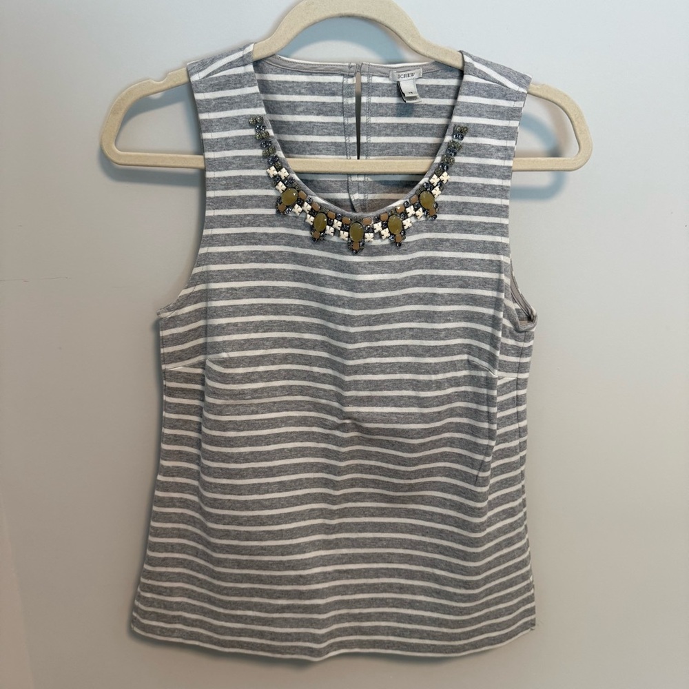 J. Crew Gray and White Striped Tank Top with Embellished Neckline